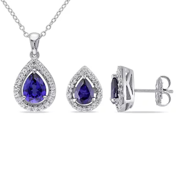 Created Gemstone Teardrop Halo Pendant and Stud Earrings Set in Sterling Silver