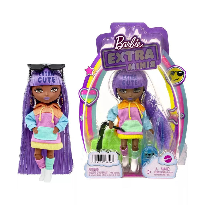 Barbie Extra Minis Doll & Accessories with Purple & Silver Hair, Toy Pieces Include Color-Block Hoodie Dress & Boots