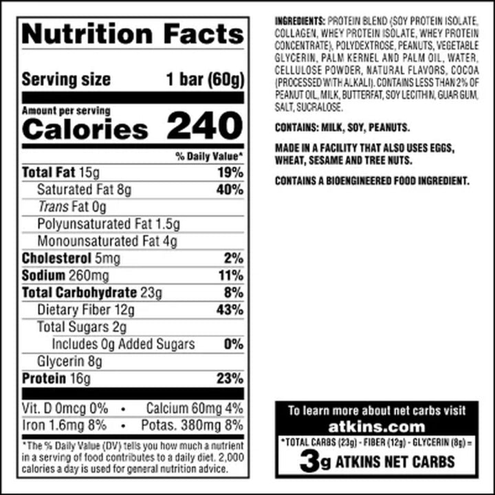 Atkins Chocolate Peanut Butter Meal Bars, High Fiber, 16G of Protein 15 Ct.