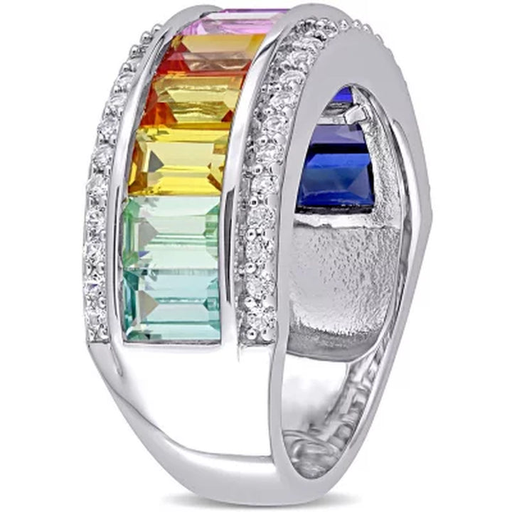 Multi-Color Created Sapphire Semi-Eternity Anniversary Ring in Sterling Silver