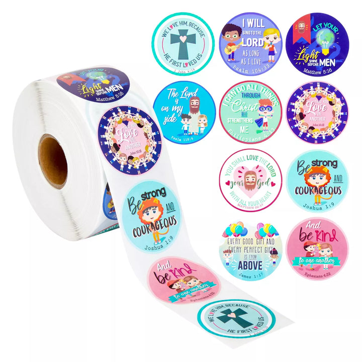 Juvale 1000 Pieces Christian Bible Verse Stickers for Kids, Religious Sticker Roll, 10 Designs, 1.5 In