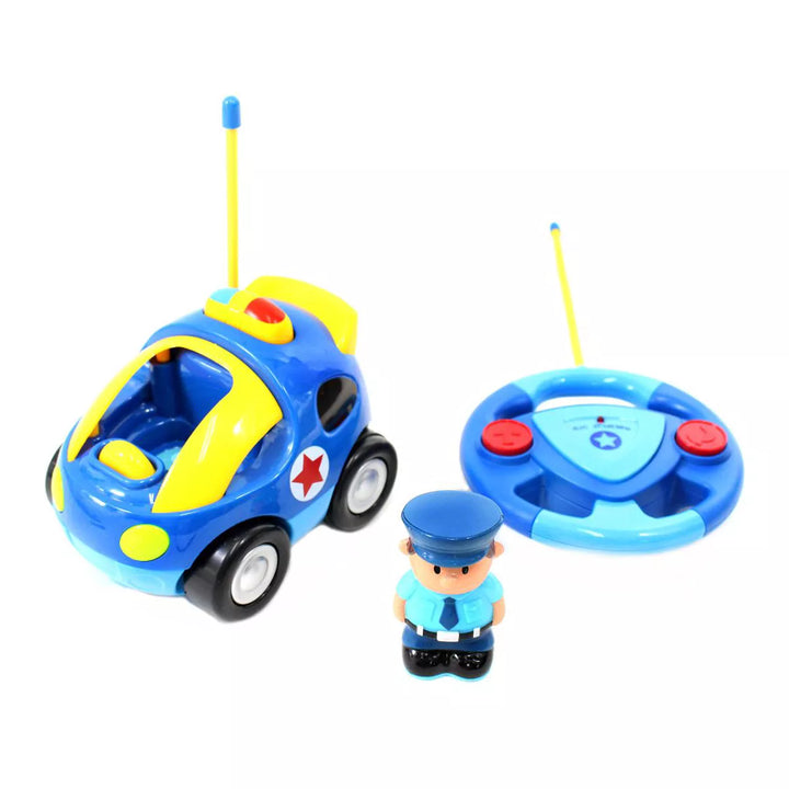 Link 4" Cartoon RC Police Car with Music, Lights & Action Figure, Remote Control Toy for Toddlers & Kids | Blue