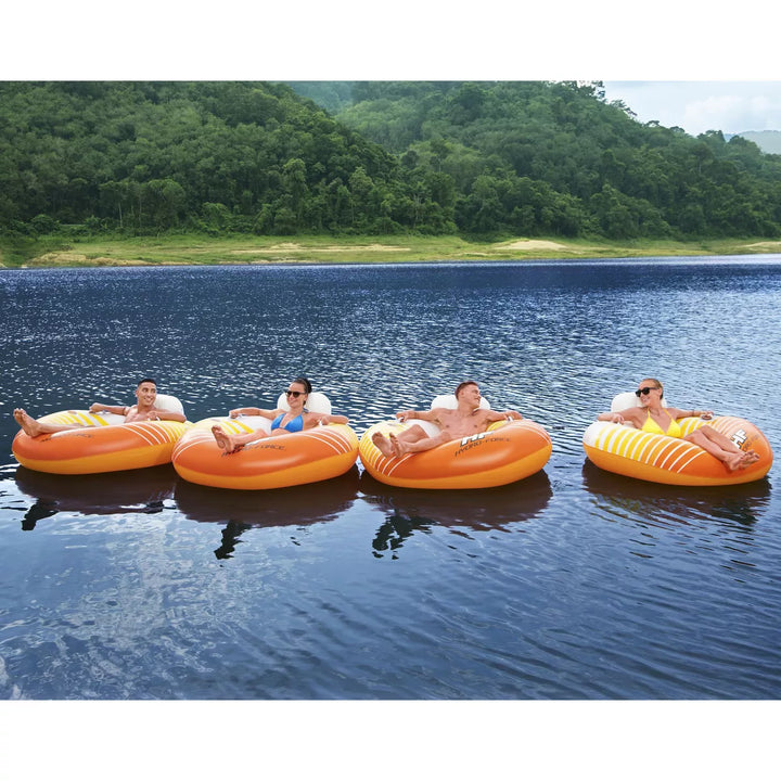 Bestway 43399E Hydro-Force Sunkissed Pool, Lake, River, Beach Inflatable PVC Clasp N Go Inner Tube Ring Float with Cup Holder, Orange and Yellow