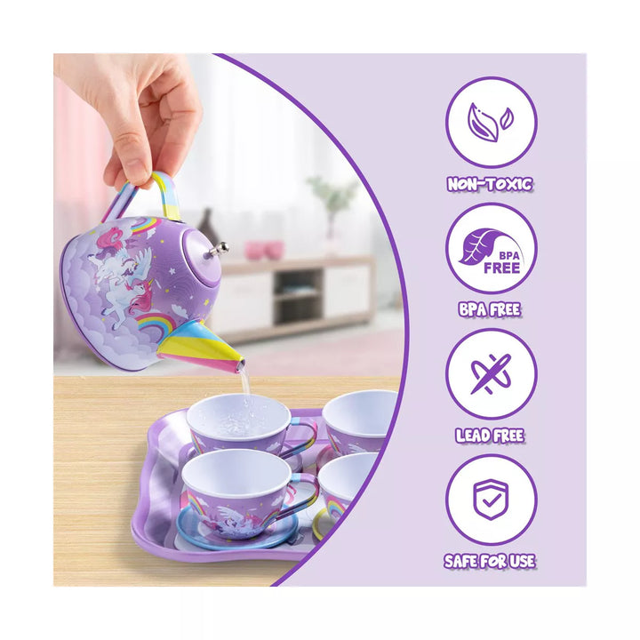 Unicorn Tea Party Set for Little Girls, Pretend Purple Tin Teapot Set, Princess Tea Time Play Kitchen Toy for Birthday Easter Gift Kids Toddler Age 3+