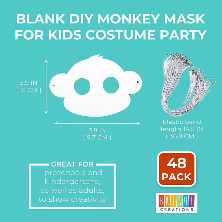 Bright Creations 48-Pack Blank DIY Monkey Mask for Kids Costume Party Arts and Crafts, White 3.8" X 5.9"