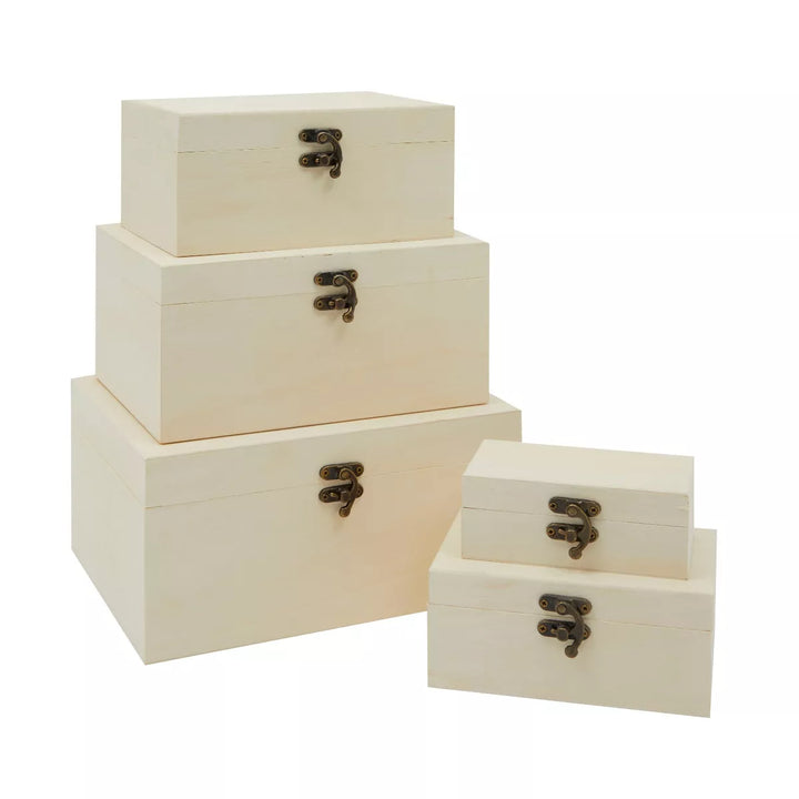 Juvale 5-Piece Set Unfinished Wooden Box with Hinged Lid and Front Clasp, for Craft, Jewelry, Painting, Home Storage