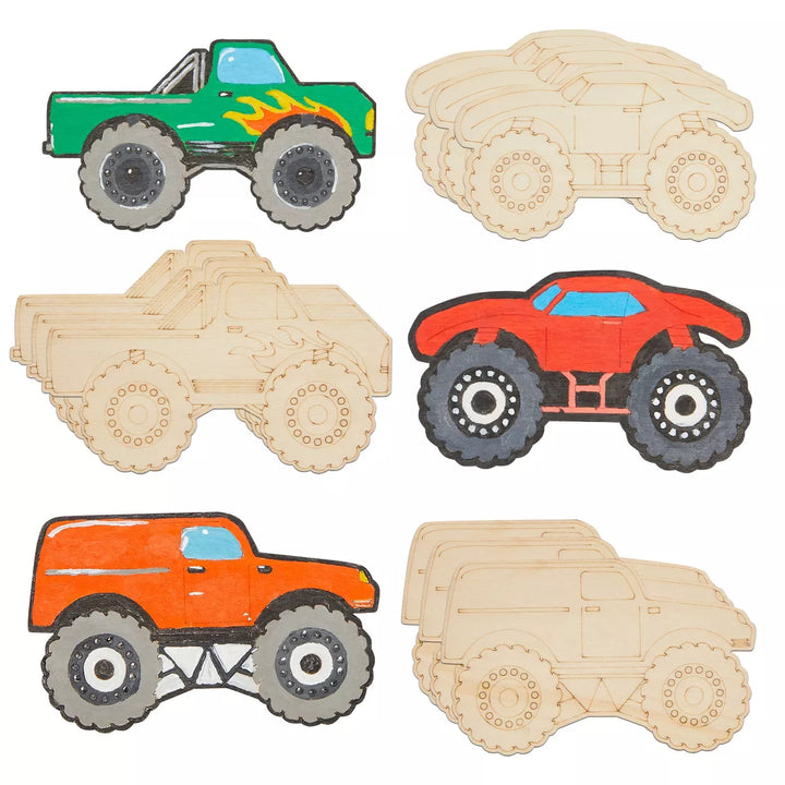 Wood Cutouts for Crafts, Monster Truck (4.6 X 3 In, 24-Pack)