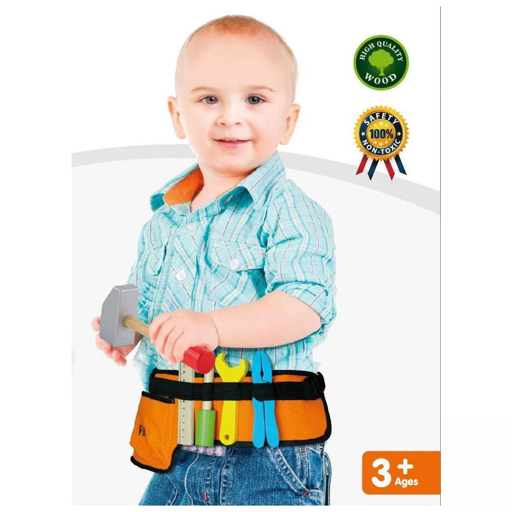 Top Race Thick Fabric Kid Tool Belt with Solid Wooden Baby Tools Construction Role Play Set - 10 Piece