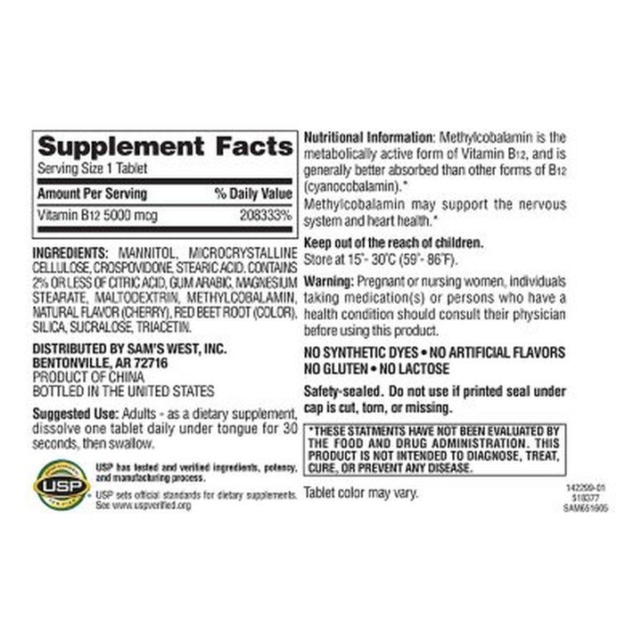 Member'S Mark Sublingual Vitamin B12 5000Mcg Methylcobalamin, 300 Ct.