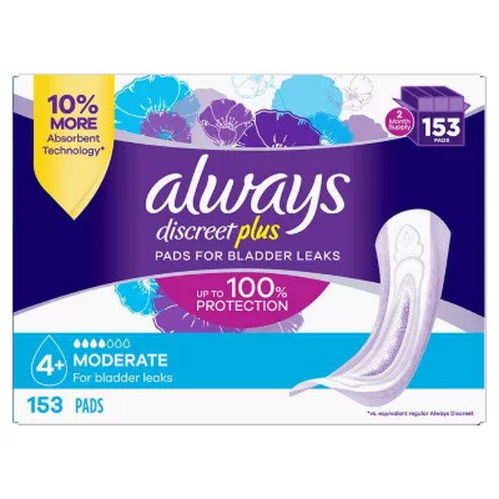 Always Discreet plus Incontinence & Postpartum Pads for Women, Moderate, 153 Ct.