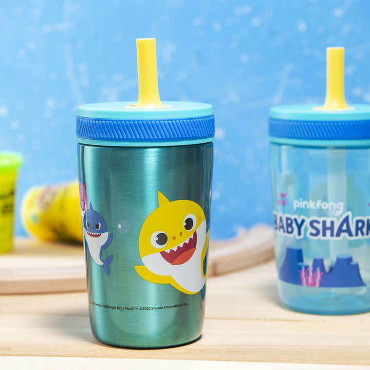 Zak Designs Baby Shark Kelso Tumbler Set, Leak-Proof Screw-On Lid with Straw, Bundle for Kids Includes Plastic and Stainless Steel Cups with Bonus Sipper (3pc Set, Non-BPA)15 fl oz. Classic