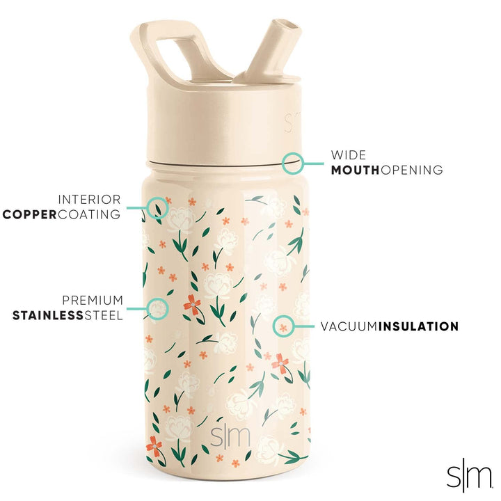 Simple Modern Kids Water Bottle with Straw Lid | Insulated Stainless Steel Reusable Tumbler for Toddlers, Girls | Summit Collection | 14oz, Chloe Floral -Chloe Floral