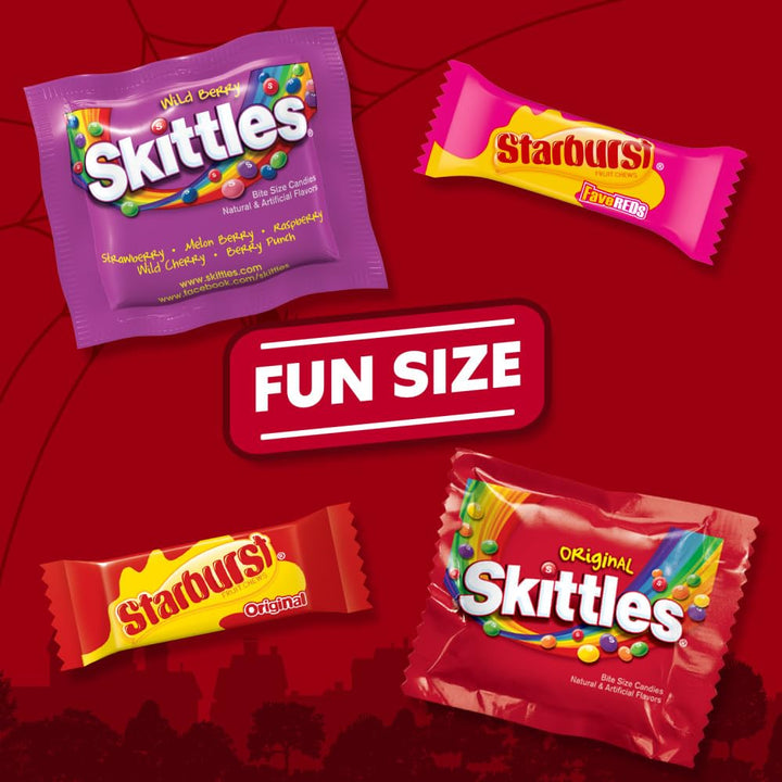 SKITTLES Original, SKITTLES Wild Berry & STARBURST Original and STARBURST FaveReds Nut Free Halloween Fun Size Chewy Candy Individually Wrapped Trick or Treat Variety Bag, 32.28 Oz Jumbo Pack