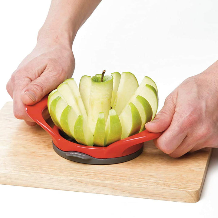 PrepWorks by Progressive Dishwasher Safe 16-Slice Thin Apple Slicer and Corer with Attached Safety Cover red and gray