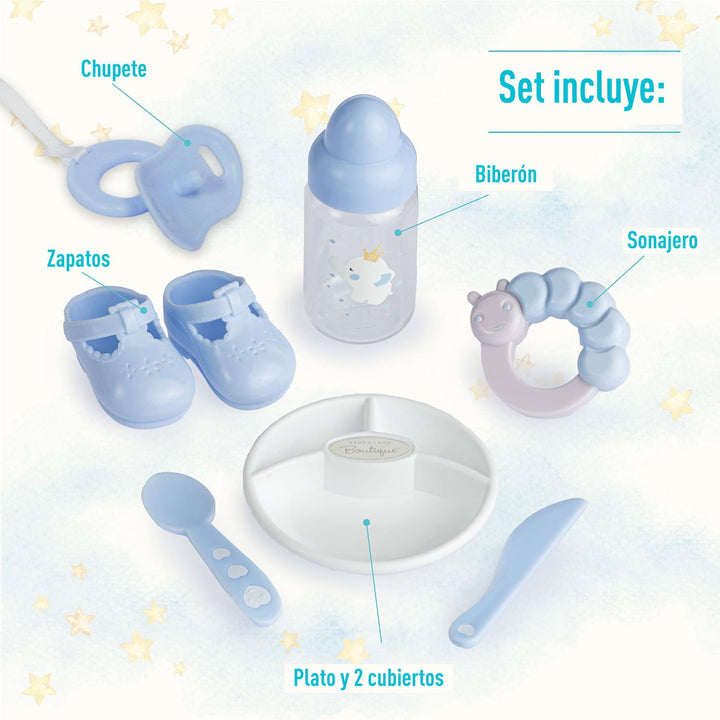 15" Realistic Soft Body Baby Doll with Open/Close Eyes | JC Toys - Berenguer Boutique | 10 Piece Gift Set with Bottle, Rattle, Pacifier & Accessories | Blue | Ages 2+ Blue Gift Set