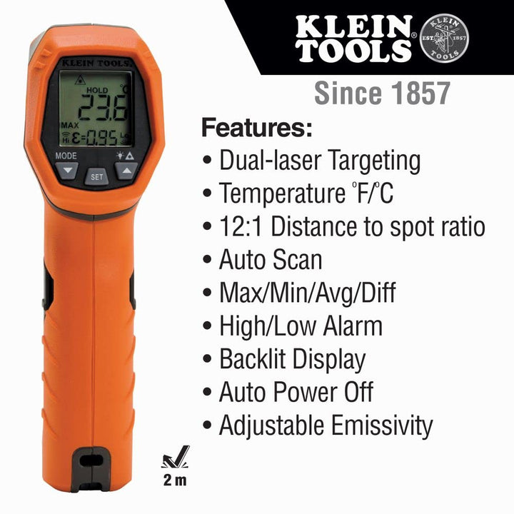 Klein Tools IR5 Dual Laser 12:1 Infrared Thermometer Digital Backlit & CL120VP Electrical Voltage Test Kit with Clamp Meter, Three Testers, Test Leads, Pouch and Batteries Thermometer+ Test Kit