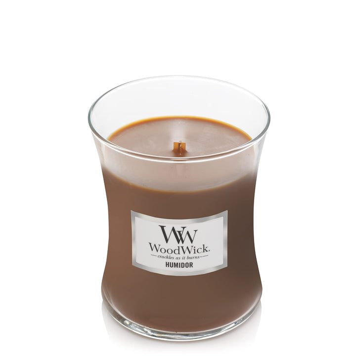 WoodWick Medium Hourglass Candle, Humidor - Premium Soy Blend Wax, Pluswick Innovation Wood Wick, Made in USA WoodWick Medium - Single Pour