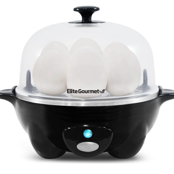 Elite Gourmet EGC-007B# Rapid Egg Cooker, 7 Easy-To-Peel, Hard, Medium, Soft Boiled Eggs, Poacher, Omelet Maker, Auto Shut-Off, Alarm, 16-Recipe Booklet, Black