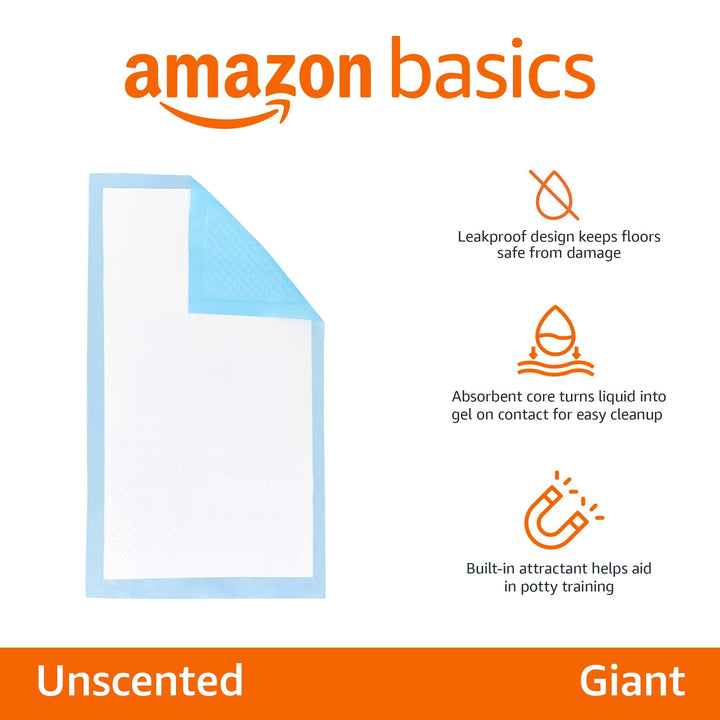 Basics Absorbent Dog and Puppy Pee Pads with 5-Layer Leak-Proof Design and Quick-Dry Surface for Potty Training, Heavy Duty Absorbency, Giant, 27.5 x 44 Inch - Pack of 30, Blue & White Giant (30 Count)