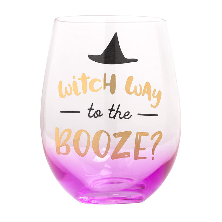 Pearhead Witch Way to the Booze Wine Glass, Fall Holiday Home Accessories, Halloween Stemless Wine Glass, 15 oz