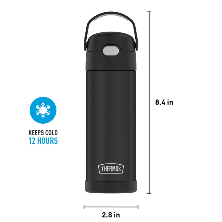 THERMOS FUNTAINER 16 Ounce Stainless Steel Vacuum Insulated Bottle with Wide Spout Lid, Black Matte