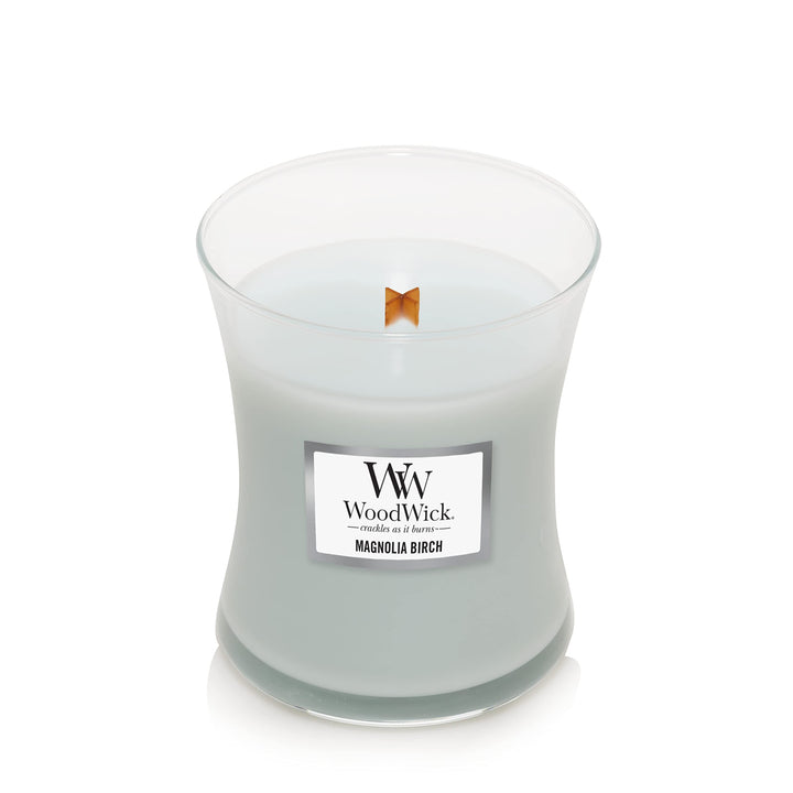 WoodWick Medium Hourglass Candle, Magnolia Birch - Premium Soy Blend Wax, Pluswick Innovation Wood Wick, Made in USA