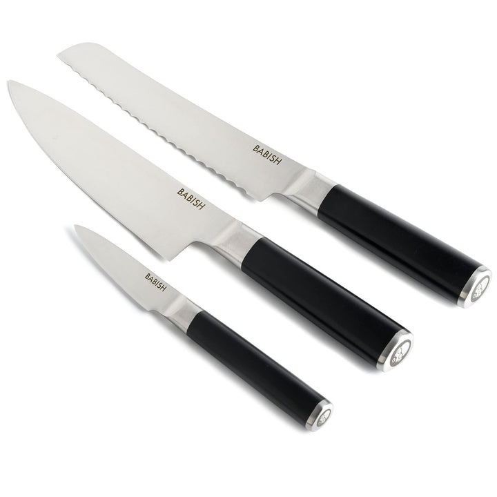 Babish German High-Carbon 1.4116 Steel Cutlery, 3-Piece (Chef Knife, Bread Knife, & Pairing Knife) w/Kitchen Knife Roll