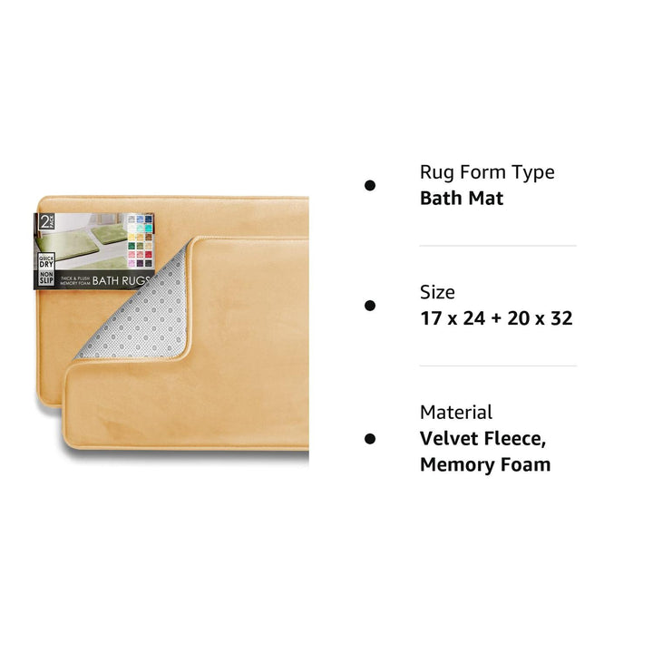 Clara Clark 2 Piece Bathroom Rugs Bath Mat Set, Velvet Memory Foam Bath Mats for Bathroom - Non-Slip, PVC Backing Bath Rugs, Washable Bathroom Rug Mats - Dries Quickly, Bathroom Rug Set - Cream Solid 2 Piece Set