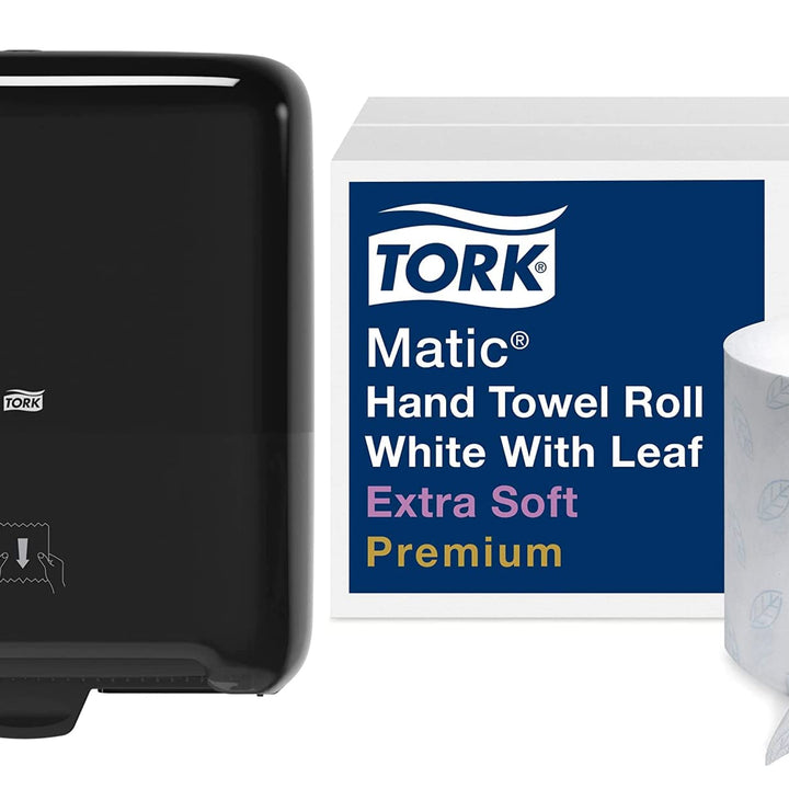 Tork Matic Hand Towel Roll Dispenser 5510282 - H1, Black + Tork Matic Extra Soft Paper Hand Towel Roll White with Blue Leaf H1, Premium, High Absorbency, 6 Rolls x 300 ft, 290094 Bundle - Hand Towels + Dispenser (Black)