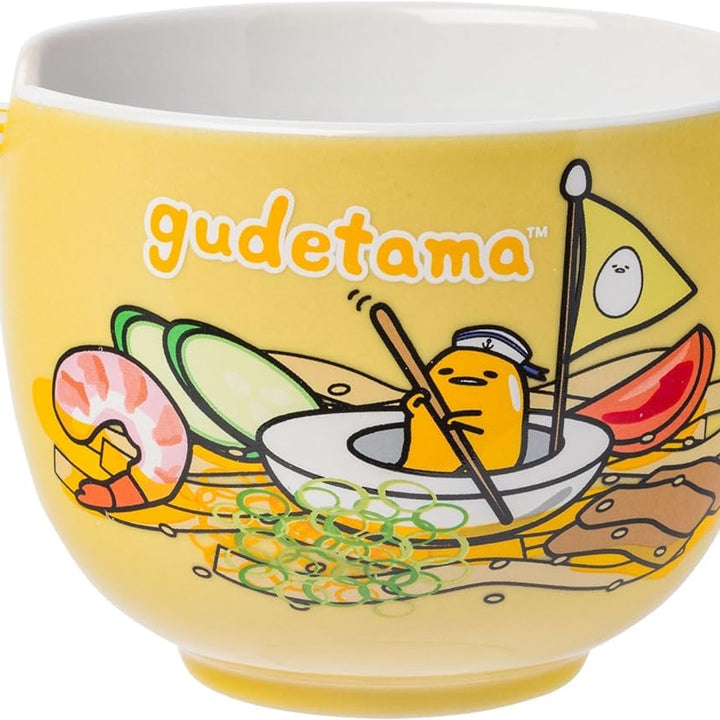Silver Buffalo Sanrio Gudetama Lazy Egg Sailing In Ramen Ceramic Ramen Noodle Rice Bowl with Chopsticks, Microwave Safe, 20 Ounces Gudetama Swimming Cartoon