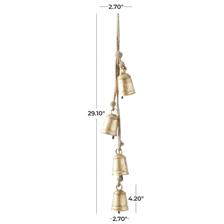 Deco 79 Gold Metal Tibetan Inspired String Hanging Decorative Bells with Jute Hanging Rope 4" x 8" x 52" - Cone 52" x 4" x 8"