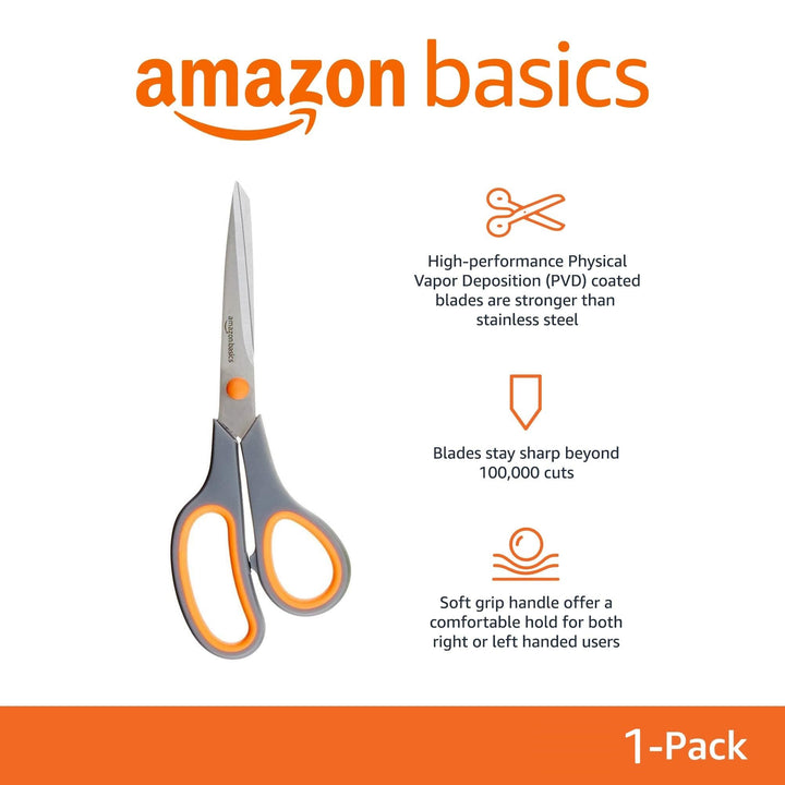 Basics Multipurpose, Comfort Grip, PVD Coated, Stainless Steel Office Scissors, Grey 1 pack 1-Pack