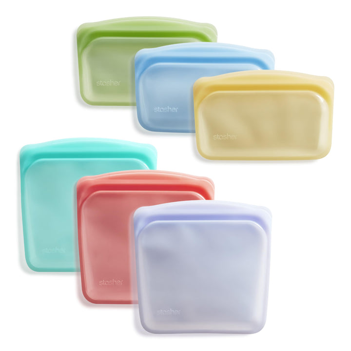Stasher Reusable Silicone Storage Bag, Food Storage Container, Microwave and Dishwasher Safe, Leak-free, Sandwich + Snack Bundle 6-Pack, Rainbow Multi