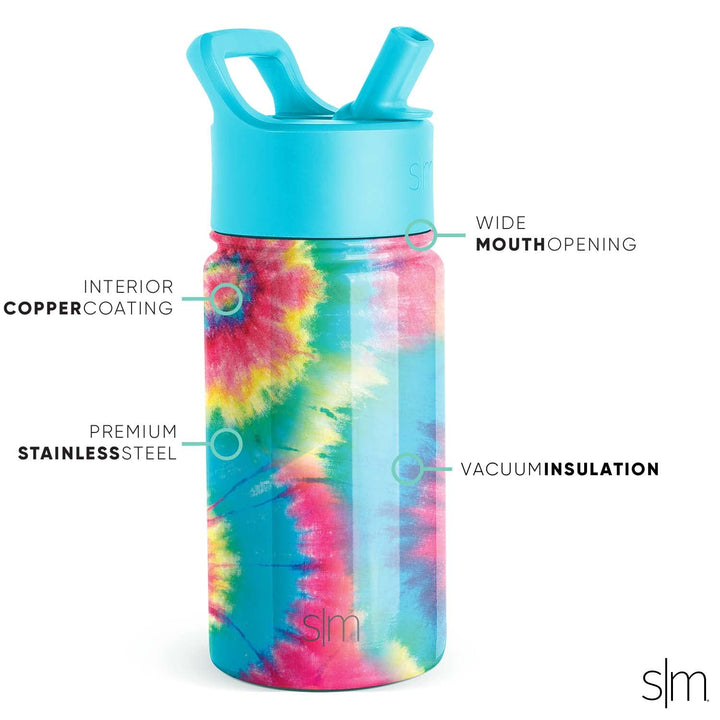 Simple Modern Kids Water Bottle with Straw Lid | Insulated Stainless Steel Reusable Tumbler for Toddlers, Girls | Summit Collection | 14oz, Tie-Dye -Tie-Dye