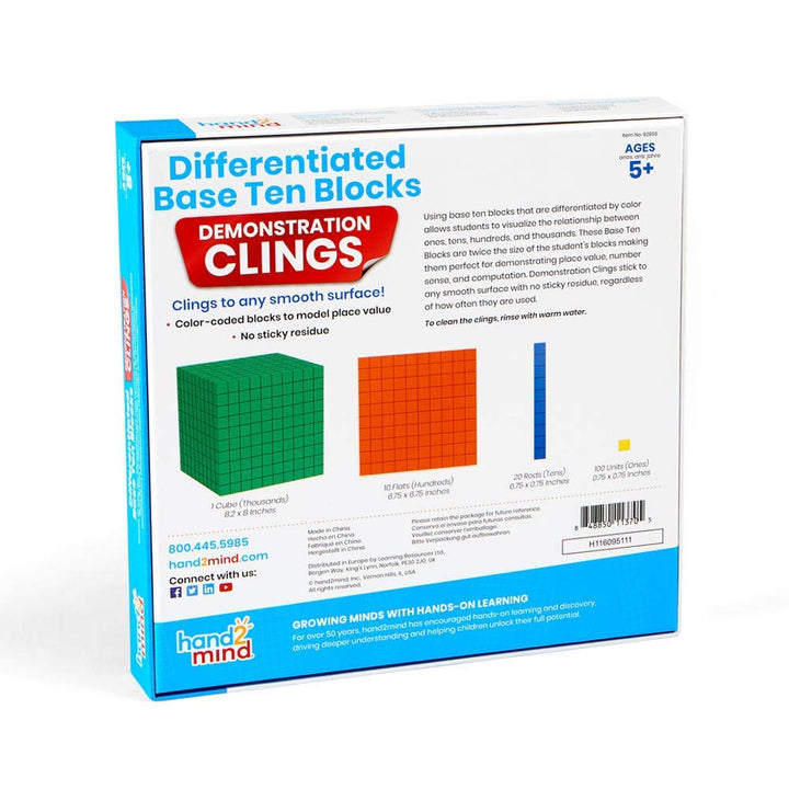 hand2mind Differentiated Base Ten Blocks Clings for Teachers, Flat Demonstration Base Ten Clings, Learn Place Value, Number Concepts, and Counting, Homeschool Supplies (131 Pieces)