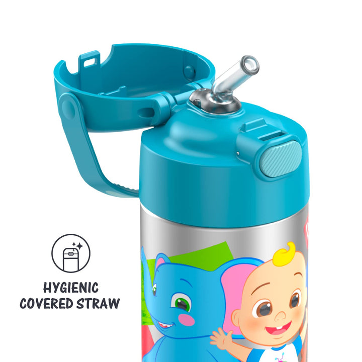 THERMOS FUNTAINER Water Bottle with Straw - 12 Ounce, Cocomelon - Kids Stainless Steel Vacuum Insulated Water Bottle with Lid Licensed Characters