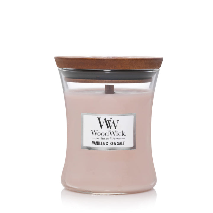 WoodWick Vanilla & Sea Salt Medium Hourglass Candle, 9.7 oz & Café Sweets Medium Hourglass Trilogy Candle, 9.7 oz.