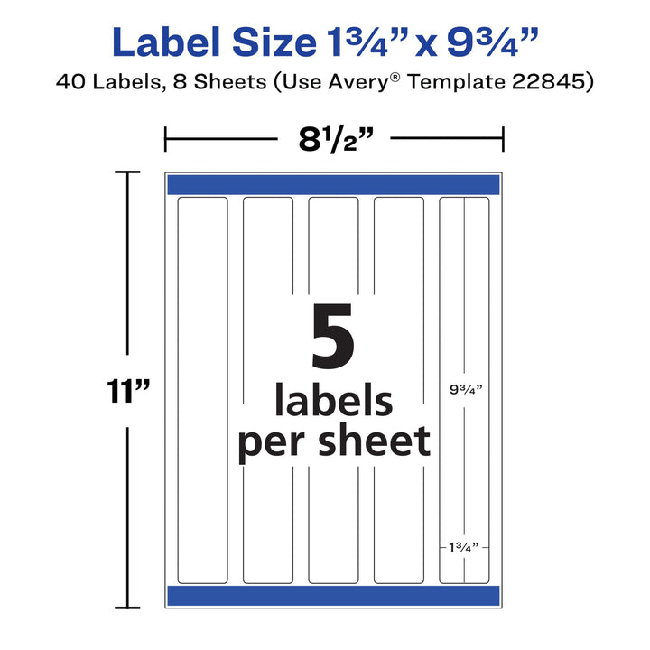 Avery Durable Waterproof Wraparound Rectangle Labels with Sure Feed Technology, 1.25" x 9.75", Matte White, Laser/Pigment-Inkjet, 40 Customizable Labels (22845)