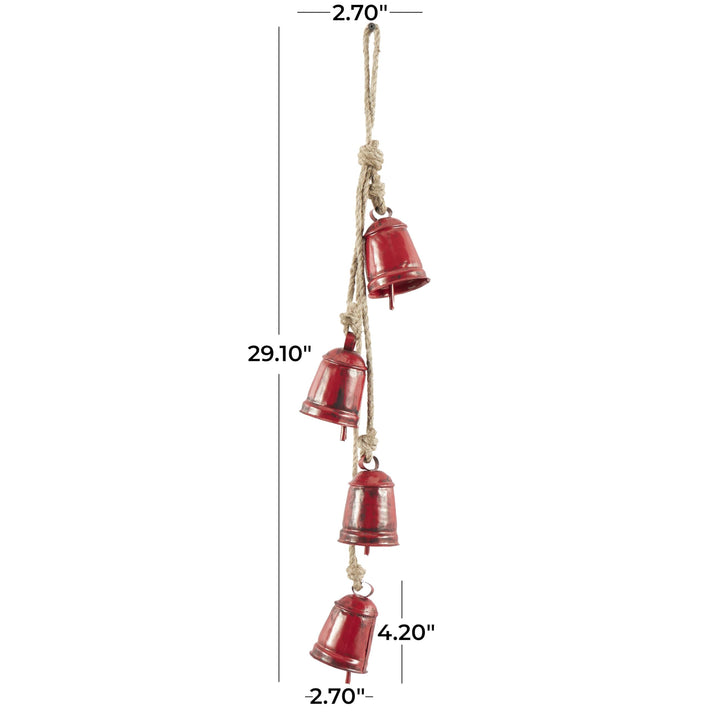 Deco 79 Gold Metal Tibetan Inspired String Hanging Decorative Bells with Jute Hanging Rope 4" x 8" x 52" - Cone 52" x 4" x 8"