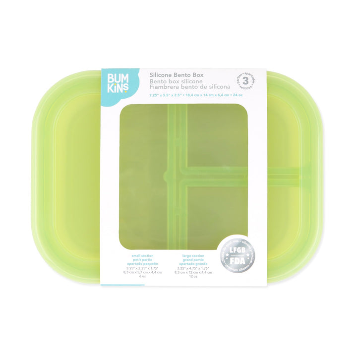 Bumkins Snack/Lunch Bento Box for Kids and Adults, 3 Compartment Container, Leak Proof Lid, for Portioning, Large Section Can Hold Sandwich, Food-Safe LFGB Platinum Silicone, Microwave-Safe, Green Green Jelly