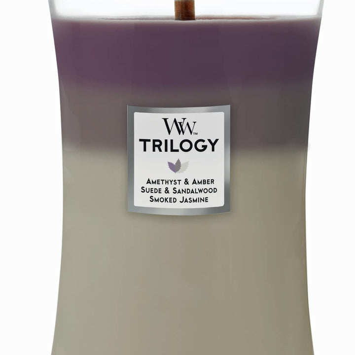 WoodWick Large Hourglass Candle, Amethyst Sky - Premium Soy Blend Wax, Pluswick Innovation Wood Wick, Made in USA WoodWick Large- Triology