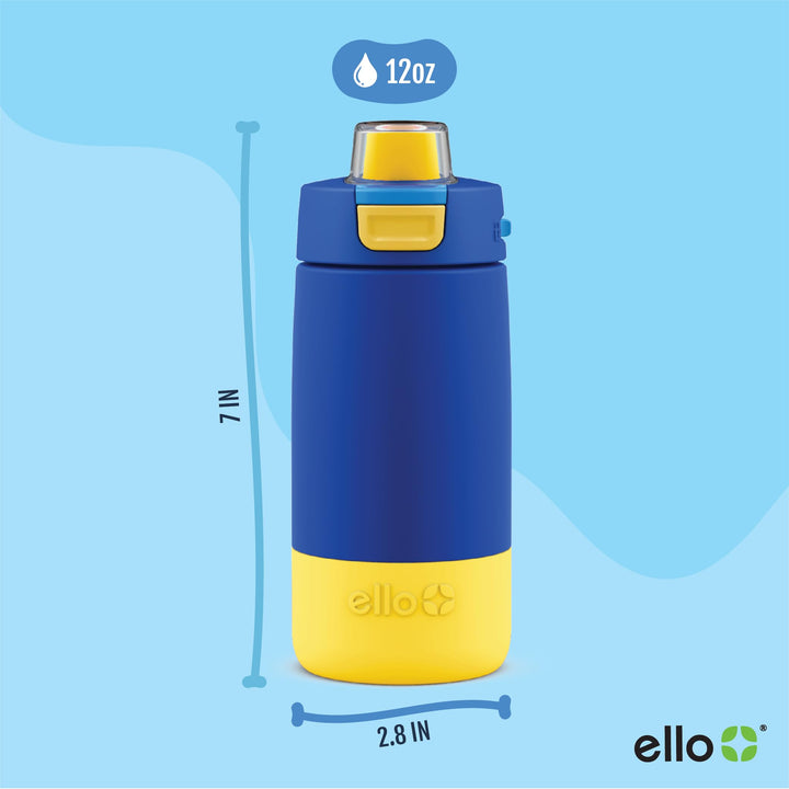 Ello Kids Colby 12oz Stainless Steel Insulated Water Bottle with Straw and Built-In Silicone Coaster Carrying Handle and Leak-Proof Locking Lid for School Backpack, Lunchbox, and Outdoor Sports, Blue