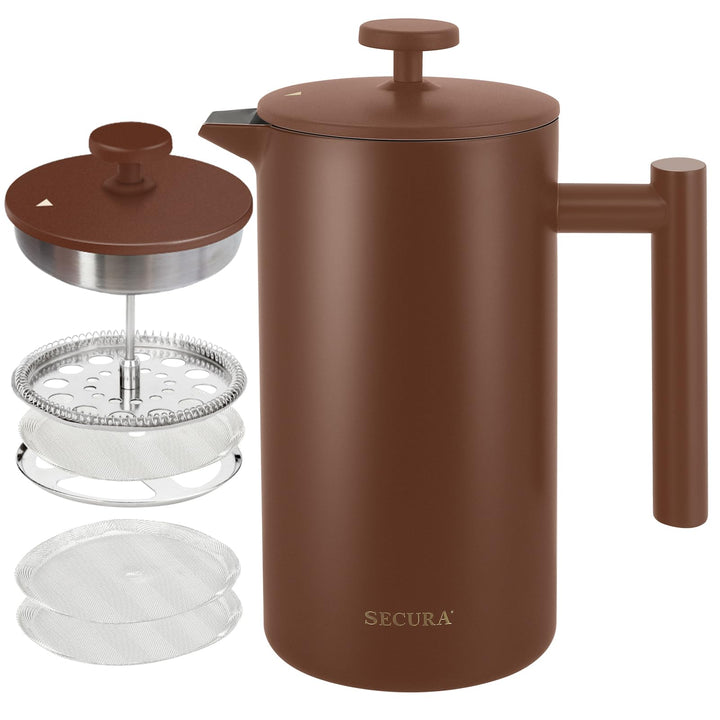 Secura French Press Coffee Maker, 304 Grade Stainless Steel Insulated Coffee Press with 2 Extra Screens, 34oz (1 Litre), Coffee 34 oz