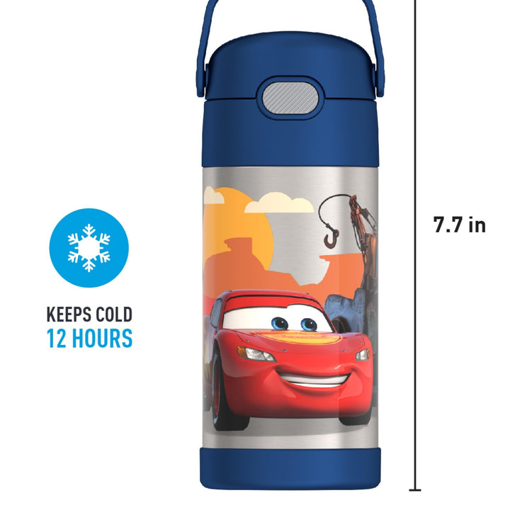 THERMOS FUNTAINER Water Bottle with Straw - 12 Ounce, Cars - Kids Stainless Steel Vacuum Insulated Water Bottle with Lid Licensed Characters