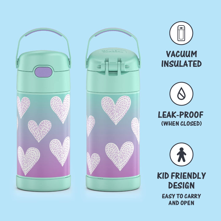 THERMOS FUNTAINER Water Bottle with Straw - 12 Ounce, Purple Hearts - Kids Stainless Steel Vacuum Insulated Water Bottle with Lid FUNTAINER 12 Ounce Bottle