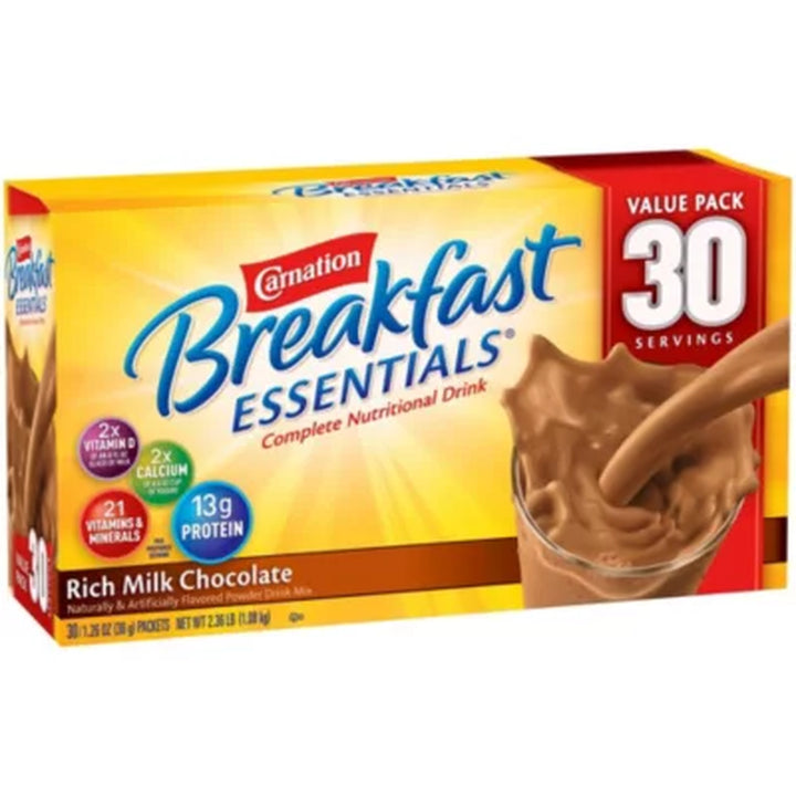 Carnation Breakfast Essentials Nutritional Powder Drink Mix, Chocolate 30 Ct.