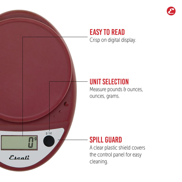 Escali Primo Digital Food Scale Multi-Functional Kitchen Scale and Baking Scale for Precise Weight Measuring and Portion Control, 8.5 x 6 x 1.5 inches, Warm Red