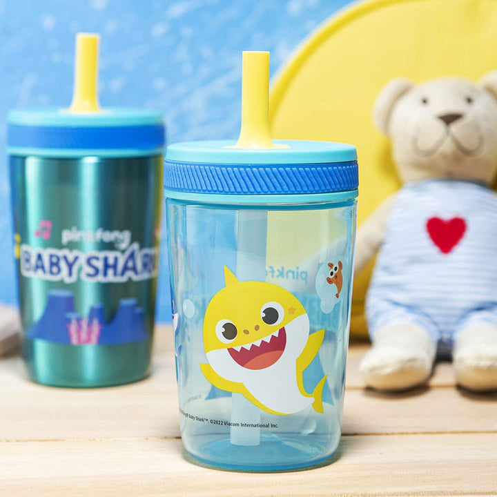 Zak Designs Baby Shark Kelso Tumbler Set, Leak-Proof Screw-On Lid with Straw, Bundle for Kids Includes Plastic and Stainless Steel Cups with Bonus Sipper (3pc Set, Non-BPA)15 fl oz. Classic