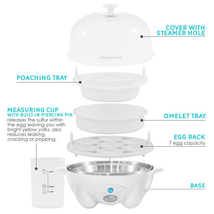 EGC-007 Rapid Egg Cooker, 7 Easy-To-Peel, Hard, Medium, Soft Boiled Eggs, Poacher, Omelet Maker, Auto Shut-Off, Alarm, 16-Recipe Booklet, White 7 Egg