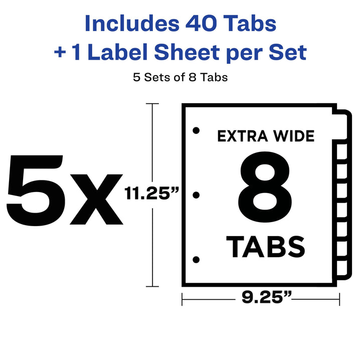 Avery 8-Tab Extra Wide Binder Dividers, Easy Print & Apply Clear Label Strip, Index Maker,White, 5 Sets (11441)